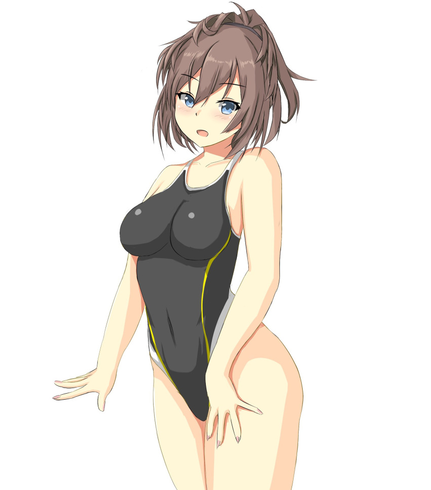 1girl black_swimsuit blue_eyes brown_hair commentary_request competition_swimsuit cowboy_shot hair_between_eyes highres impossible_clothes impossible_swimsuit kantai_collection long_hair montemasa one-piece_swimsuit open_mouth sheffield_(kantai_collection) simple_background solo standing swimsuit white_background