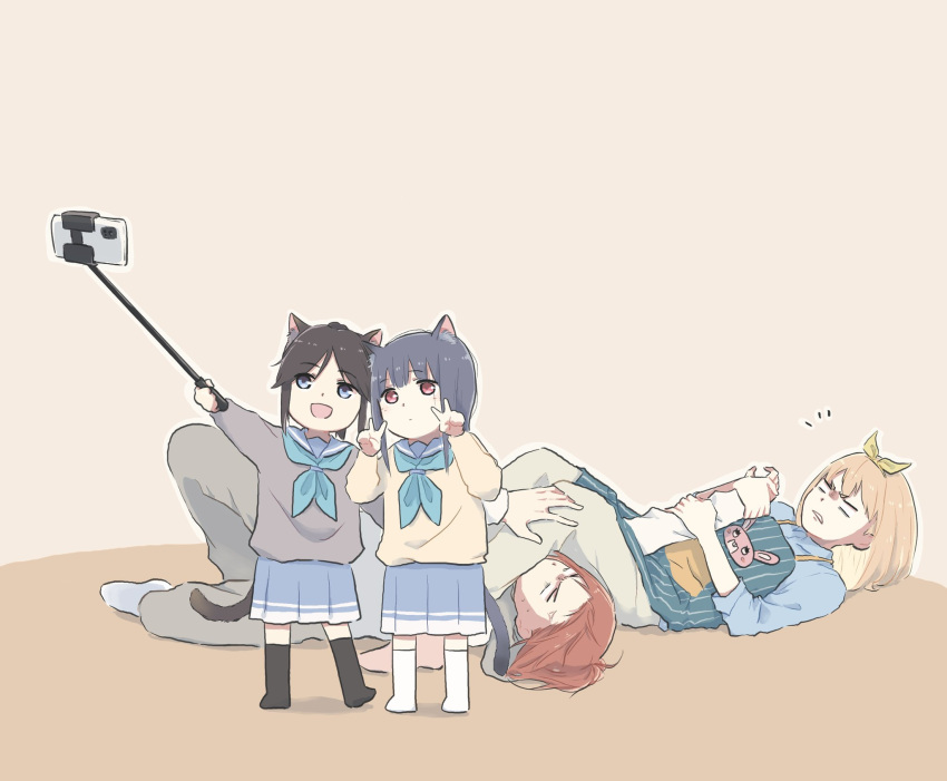 4girls animal_ears apron arm_grab armbar black_hair black_legwear blonde_hair blue_eyes blue_sailor_collar blue_skirt bow brown_hair cat_ears cat_tail cellphone double_v fighting grabbing hair_bow hibike!_euphonium highres kasaki_nozomi lyy multiple_girls nakagawa_natsuki pants phone pleated_skirt red_eyes redhead sailor_collar school_uniform self_shot selfie_stick serafuku skirt submission_hold sweater tail taking_picture v white_legwear wrestling yoroizuka_mizore yoshikawa_yuuko