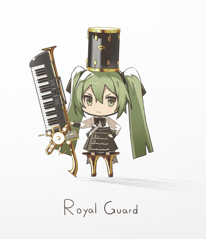 1girl bangs black_bow black_skirt bow chibi closed_mouth collared_shirt commentary_request drum green_eyes green_hair grey_background hair_between_eyes hand_on_hip hatsune_miku high-waist_skirt highres holding holding_instrument instrument keyboard_(instrument) kieed long_hair long_sleeves shadow shirt skirt solo standing v-shaped_eyebrows very_long_hair vocaloid white_shirt