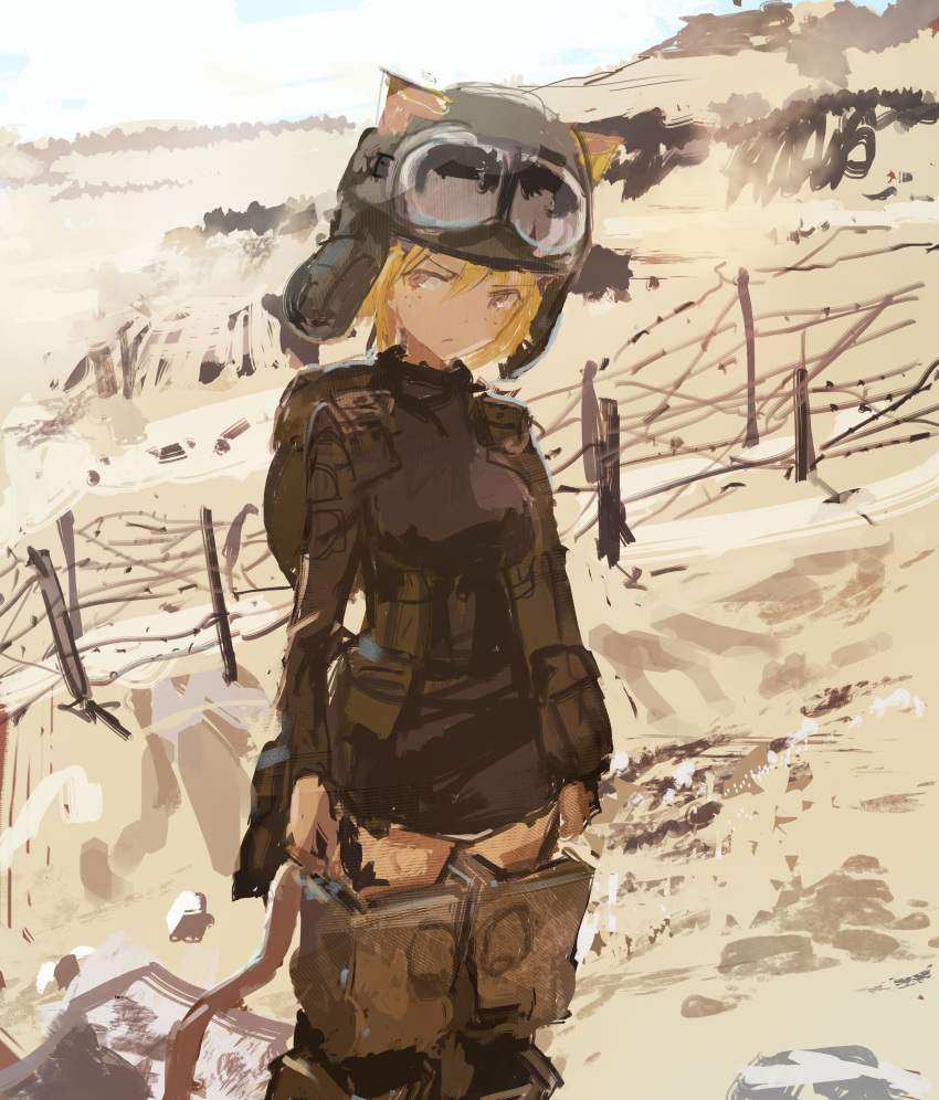 1girl :/ absurdres animal_ears barbed_wire battlefield blonde_hair blurry brown_eyes cat_ears cat_tail desert faux_traditional_media freckles goggles goggles_on_head goggles_on_headwear head_tilt helmet highres kabuyama_kaigi looking_to_the_side military military_uniform short_hair sketch sky smoke solo striker_unit tail uniform world_witches_series