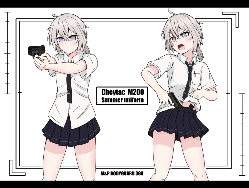 1girl antenna_hair bangs black_skirt closed_mouth girls_frontline gotoo grey_hair gun hair_between_eyes handgun highres holding holding_gun holding_weapon m200_(girls_frontline) necktie open_mouth pen pistol pocket polo_shirt ponytail shirt short_sleeves skirt solo violet_eyes weapon white_shirt