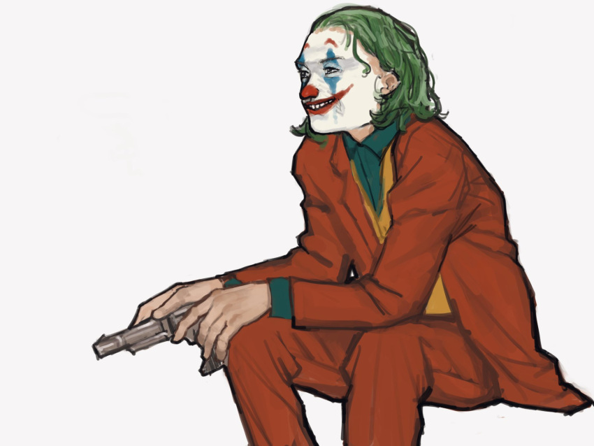 1boy arthur_fleck black_eyes clown collared_shirt commentary_request facepaint finger_on_trigger formal green_hair green_shirt grey_background grin gun handgun highres holding holding_gun holding_weapon invisible_chair jacket joker_(2019) kondate_(inugrm) long_sleeves looking_ahead m1911 male_focus medium_hair messy_hair nose open_mouth orange_vest pants pistol pleated_pants red_jacket red_pants revolver shirt simple_background sitting smile solo suit teeth the_joker trigger_discipline vest weapon