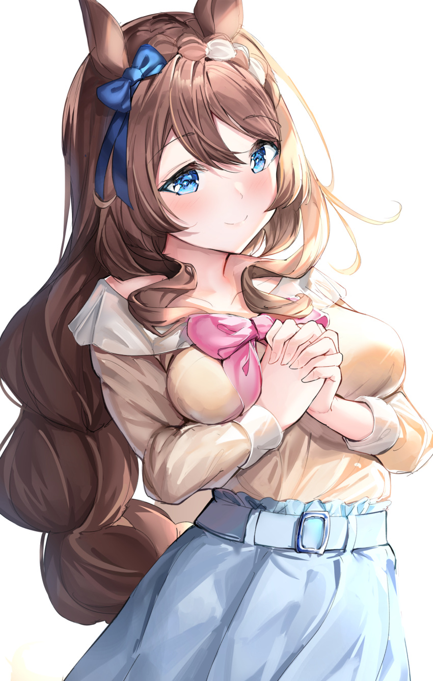 1girl animal_ears bangs blue_bow blue_eyes blue_skirt blush bow braid breasts brown_hair brown_shirt closed_mouth collarbone commentary_request ear_bow eyebrows_visible_through_hair hair_between_eyes highres horse_ears interlocked_fingers long_hair medium_breasts own_hands_together pink_bow shiero. shirt simple_background single_braid skirt smile solo super_creek_(umamusume) umamusume very_long_hair white_background