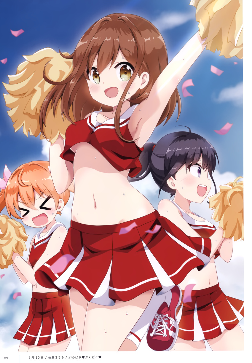 &gt;_&lt; 3girls absurdres ahoge arm_up armpits bare_arms bare_shoulders black_hair breasts brown_eyes brown_hair cheerleader confetti crop_top crop_top_overhang hand_up highres holding holding_pom_poms leg_up long_hair looking_at_viewer massala medium_hair midriff miniskirt multiple_girls navel orange_hair original outdoors pleated_skirt pom_poms ponytail red_shirt red_skirt sailor_collar scan shirt shoes skirt sleeveless sleeveless_shirt small_breasts socks stomach sweat thighs twintails violet_eyes white_legwear