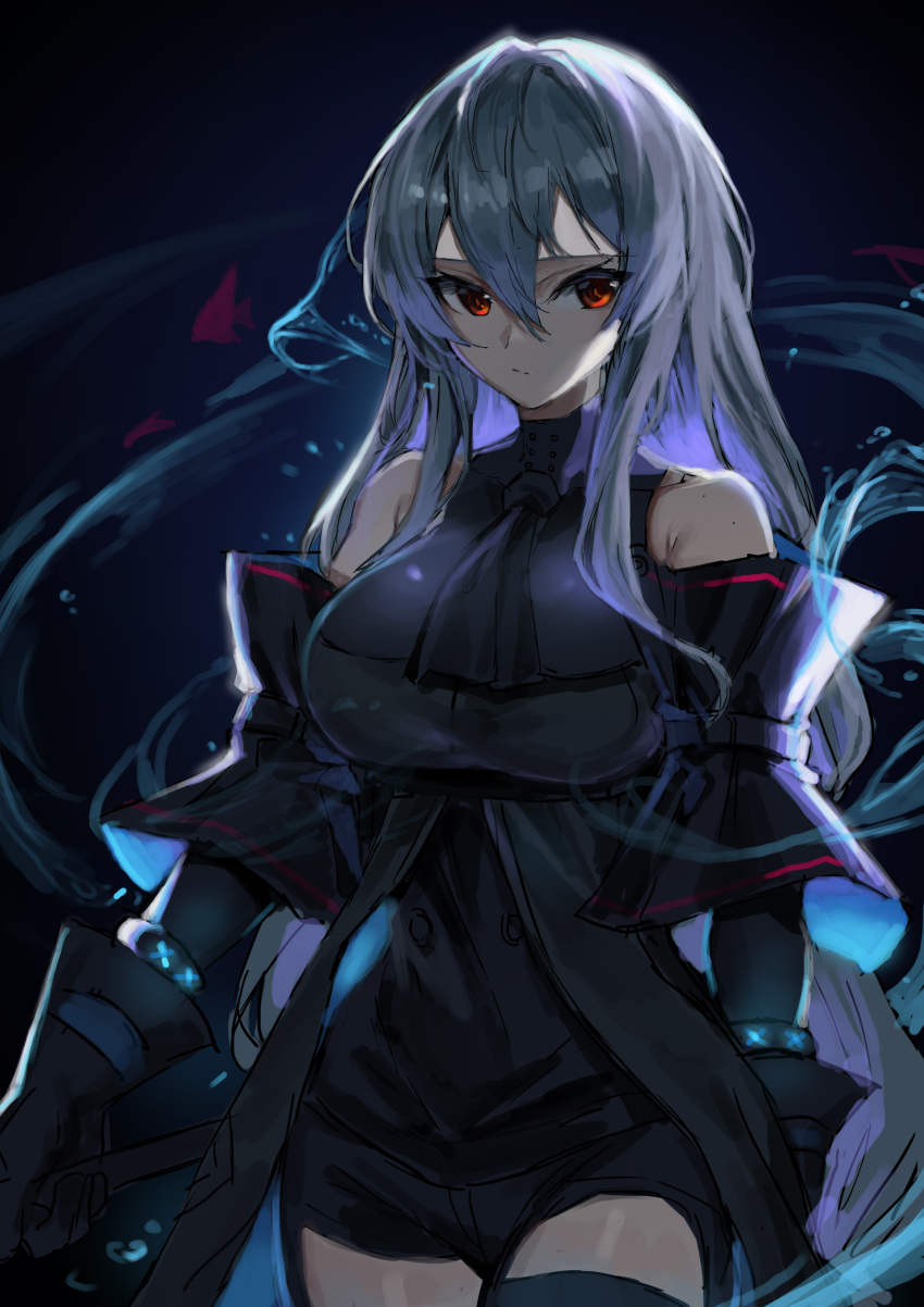 1girl absurdres arknights ascot bangs bare_shoulders black_gloves black_neckwear breasts clothing_cutout cowboy_shot gloves hair_between_eyes highres large_breasts long_hair looking_at_viewer molyb no_hat no_headwear red_eyes silver_hair skadi_(arknights) solo standing thigh_cutout very_long_hair