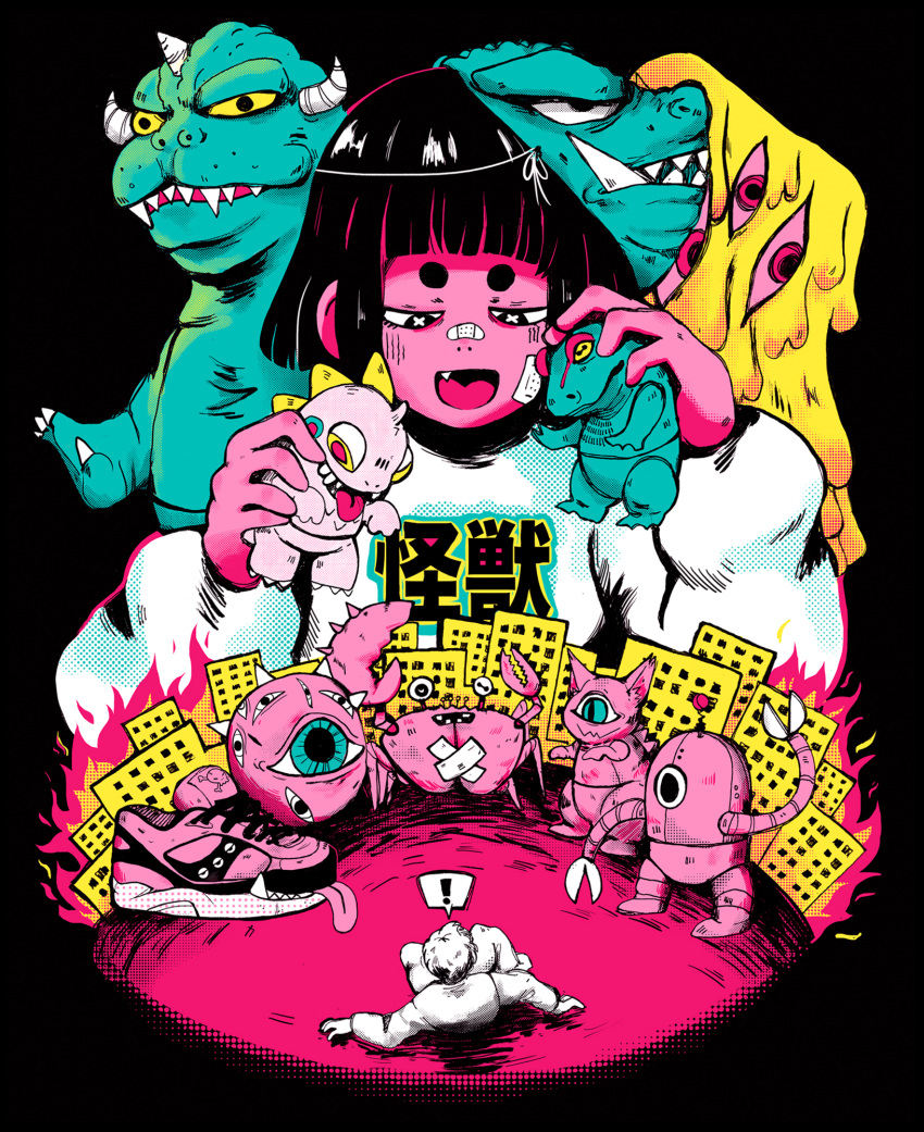 ! 1girl aqua_eyes black_eyes city crisalys fang godzilla highres kaijuu long_sleeves monster open_mouth original pink_footwear red_eyes red_sclera robot shoes short_eyebrows slime smile speech_bubble spoken_exclamation_mark tongue upper_body yellow_sclera