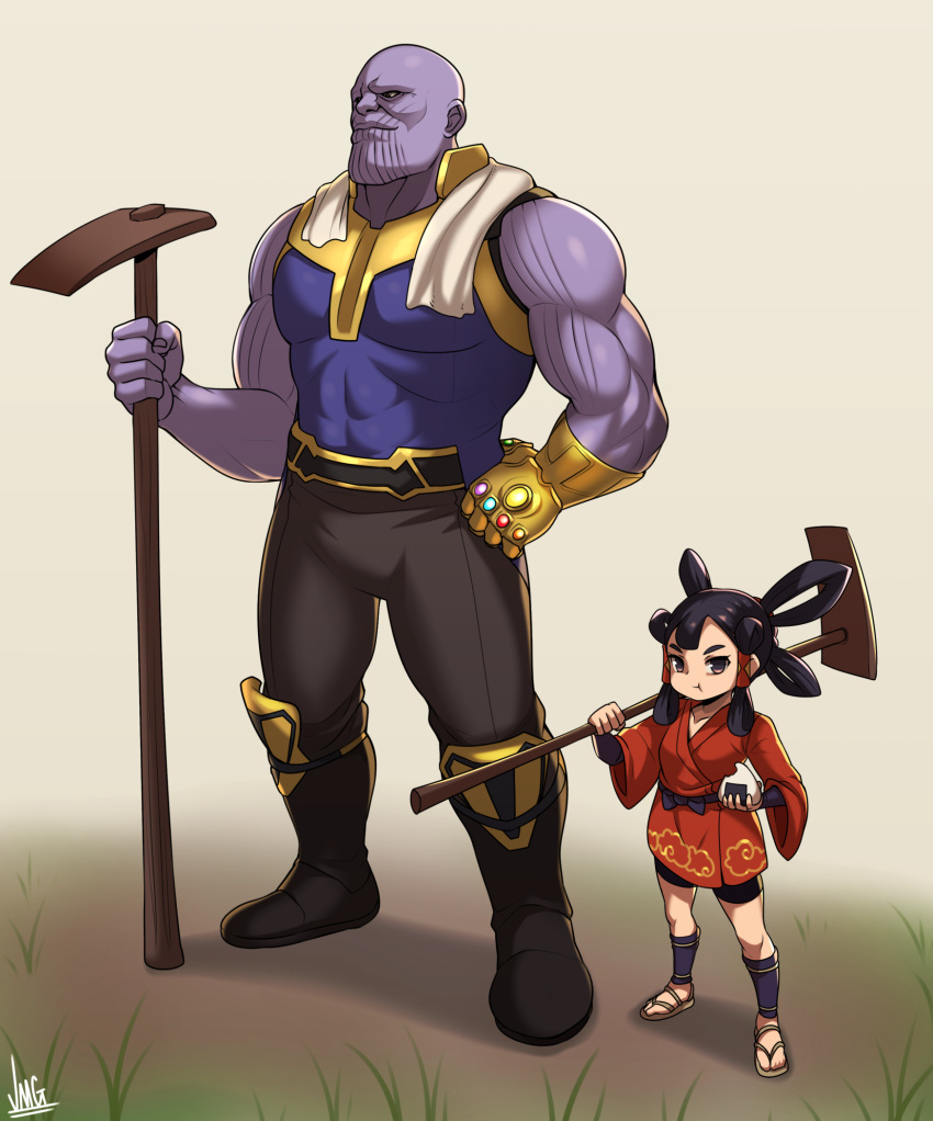 1boy 1girl :t avengers avengers:_endgame black_hair boots brown_background brown_eyes commentary_request hand_on_hip highres infinity_gauntlet jmg long_hair marvel purple_skin sakuna-hime signature simple_background standing tensui_no_sakuna-hime thanos
