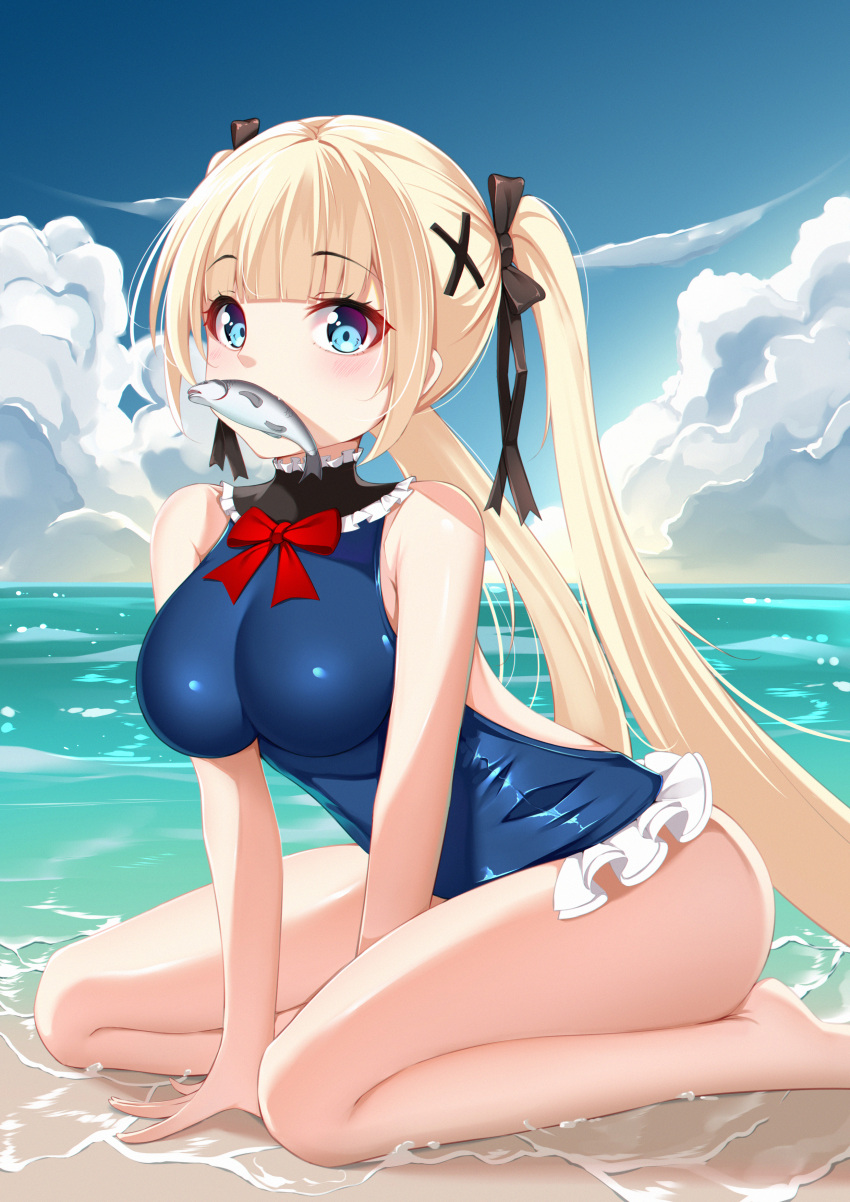 1girl absurdres azur_lane backless_swimsuit bangs bare_arms bare_legs bare_shoulders barefoot black_ribbon blonde_hair blue_eyes blue_sky blue_swimsuit blunt_bangs blush bow bowtie breasts casual_one-piece_swimsuit cat_(yidsv) clouds day eyebrows_visible_through_hair fish frilled_swimsuit frills hair_ornament hair_ribbon highres horizon huge_filesize kneeling large_breasts leaning_forward long_hair looking_at_viewer marie_rose medium_breasts mouth_hold ocean one-piece_swimsuit outdoors red_bow red_neckwear ribbon sky solo swimsuit twintails very_long_hair water x_hair_ornament