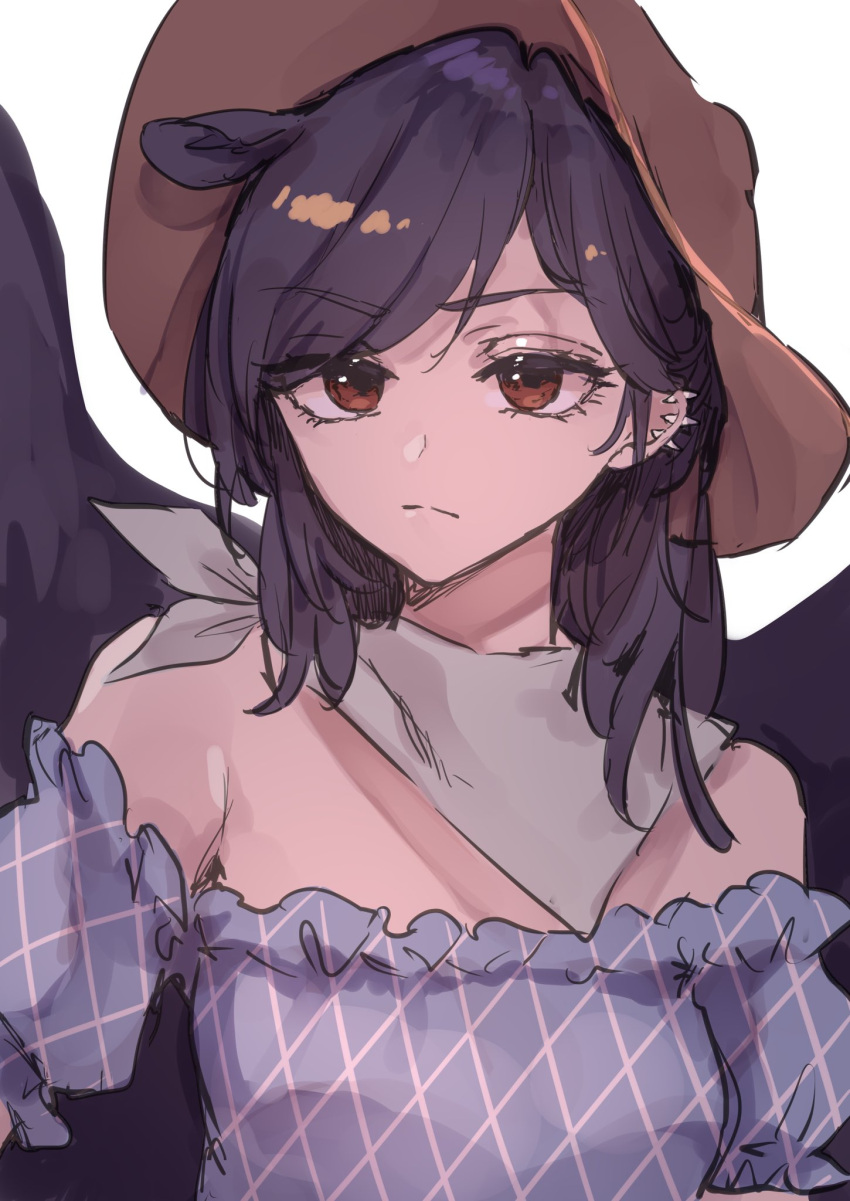 1girl animal_ears argyle_shirt bandana bare_shoulders black_hair black_wings breasts brown_eyes brown_headwear closed_mouth commentary_request cowboy_hat ear_piercing expressionless eyebrows_visible_through_hair eyes_visible_through_hair hat highres horse_ears kurokoma_saki looking_at_viewer medium_hair off-shoulder_shirt off_shoulder pegasus_wings piercing puffy_short_sleeves puffy_sleeves risui_(suzu_rks) shirt short_sleeves simple_background sketch small_breasts solo touhou upper_body white_background white_bandana wings