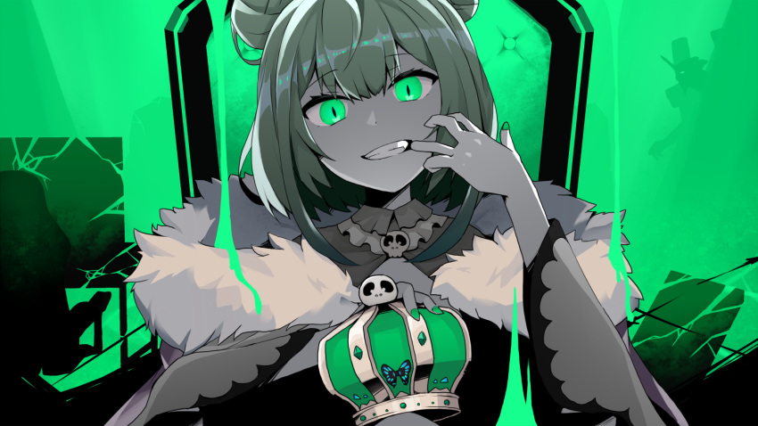 1girl bangs cape crown crown_removed double_bun eyebrows_visible_through_hair fur-trimmed_cape fur_trim green_eyes green_hair holding holding_crown hololive king_(vocaloid) kotaka limited_palette looking_at_viewer mouth_pull short_hair solo teeth throne upper_body uruha_rushia virtual_youtuber