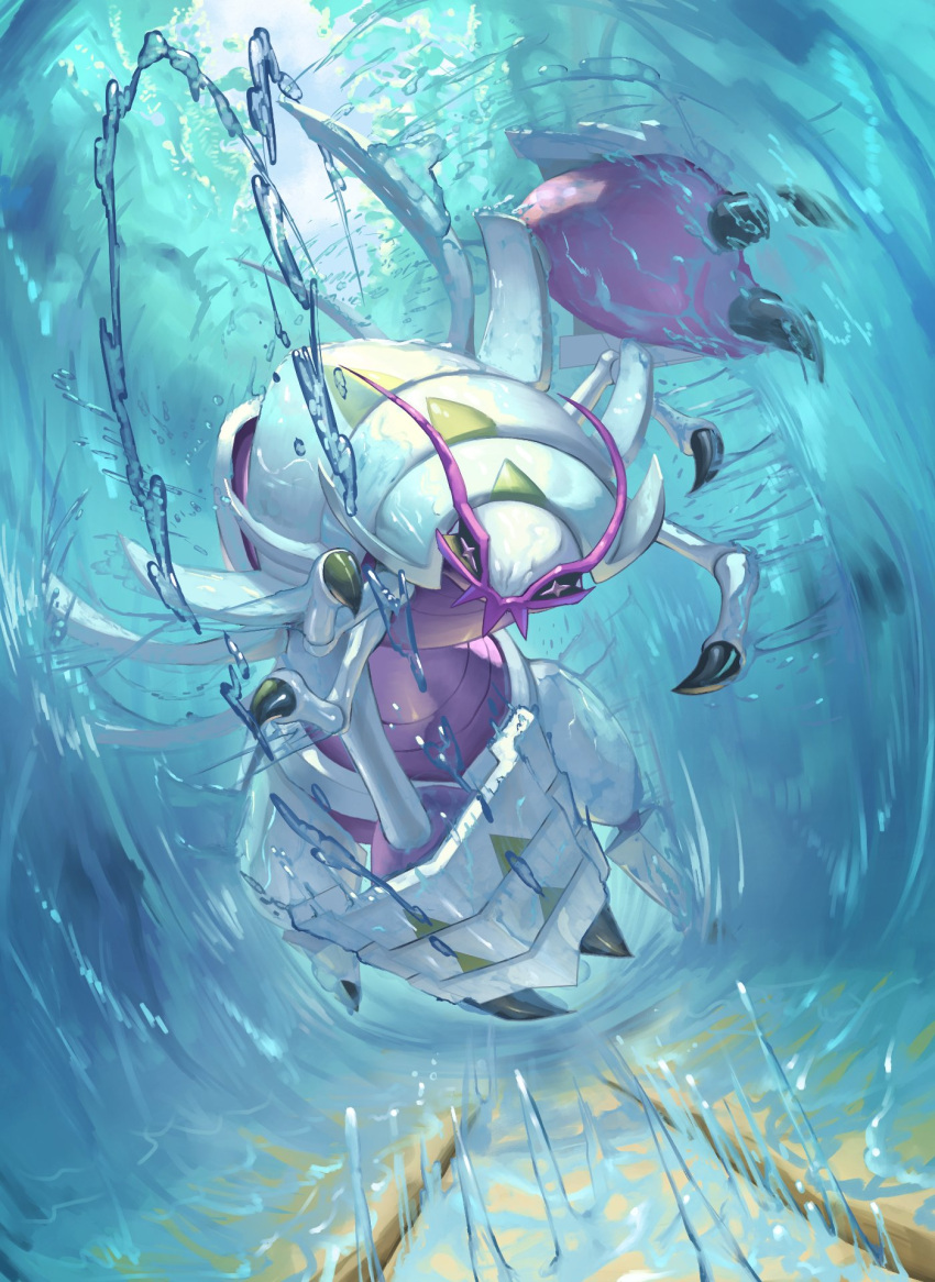 claws clouds commentary_request day full_body gen_7_pokemon golisopod highres incoming_attack looking_at_viewer no_humans outdoors pokemon pokemon_(creature) shiny sky solo star-shaped_pupils star_(symbol) supearibu symbol-shaped_pupils water water_drop