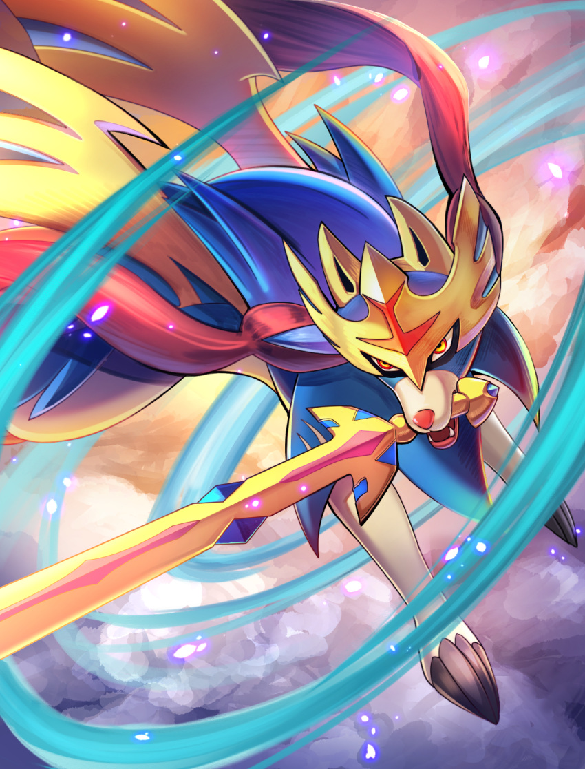 commentary_request fangs gen_8_pokemon highres kenko_(a143016) legendary_pokemon mouth_hold no_humans open_mouth pokemon pokemon_(creature) solo sword weapon yellow_eyes zacian