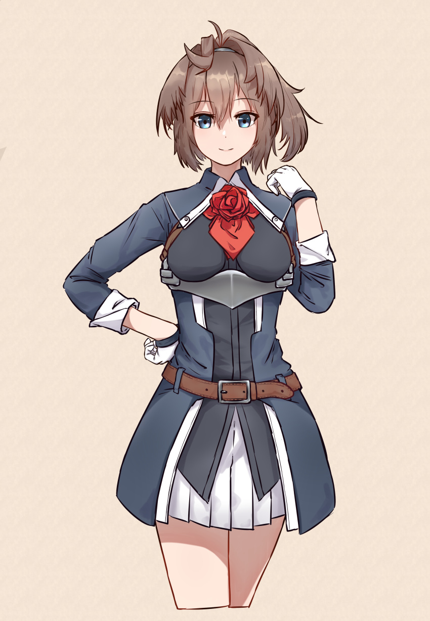 1girl absurdres ascot beige_background belt brown_belt brown_hair commentary cropped_legs flower gloves grey_eyes hair_between_eyes highres ikadamo kantai_collection long_hair looking_at_viewer military military_uniform pleated_skirt red_flower red_neckwear red_rose rose sheffield_(kantai_collection) simple_background skirt smile solo uniform white_gloves white_skirt