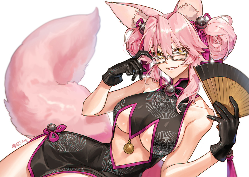 1girl adjusting_eyewear alternate_hairstyle animal_ears bangs bare_arms bare_legs bare_shoulders black_gloves bow breasts china_dress chinese_clothes commentary double_bun dress fan fate/grand_order fate_(series) fox_ears fox_tail g0ringo glasses gloves hair_bow hair_ornament hair_up holding holding_fan koyanskaya large_breasts looking_at_viewer lying midriff midriff_cutout on_side pink_bow pink_hair shiny shiny_hair side_bun sidelocks sleeveless sleeveless_dress smile solo tail twitter_username under_boob yellow_eyes