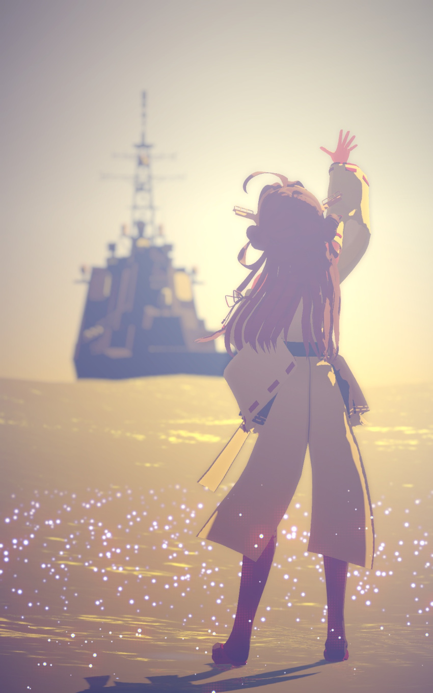 1girl ahoge arm_up blurry blurry_background brown_hair commentary_request double_bun from_behind headgear highres japanese_clothes kantai_collection kongou_(kantai_collection) long_hair military military_vehicle nontraditional_miko ocean outdoors remu_(lycoris1122) shadow ship solo warship watercraft