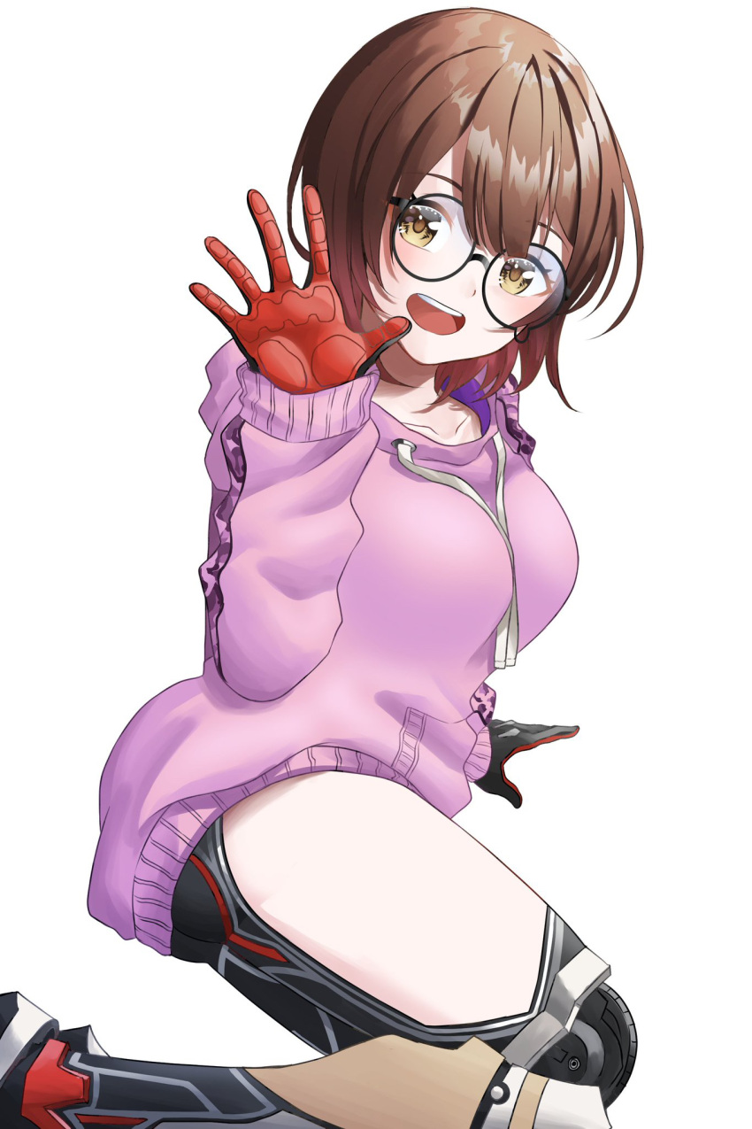 1girl abo_leen android black-framed_eyewear blush breasts brown_hair commentary glasses highres hololive hood hoodie looking_at_viewer mechanical_arms mechanical_legs medium_breasts open_mouth pink_hoodie roboco-san round_eyewear short_hair simple_background smile solo thighs virtual_youtuber waving white_background yellow_eyes