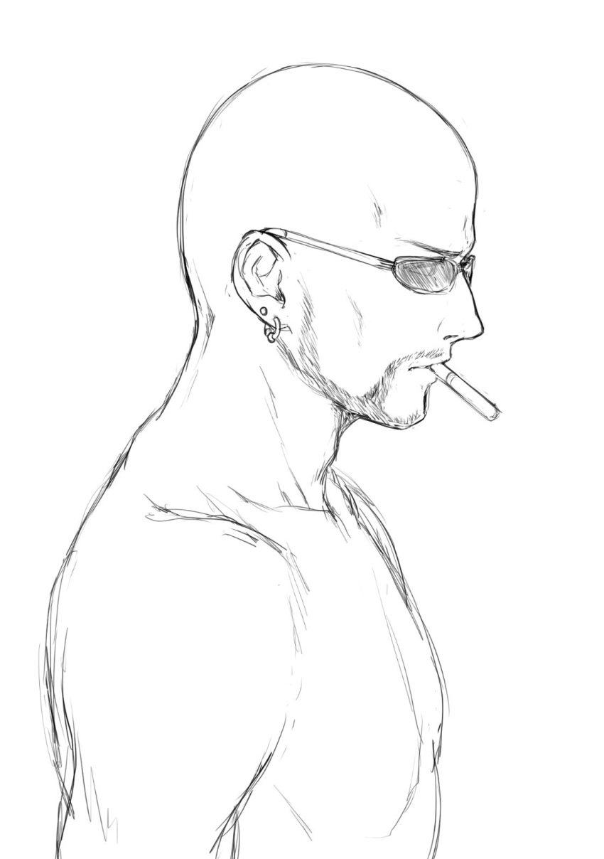1boy bald beard cigarette closed_mouth commentary_request ear_piercing earrings facial_hair final_fantasy final_fantasy_vii final_fantasy_vii_remake from_side greyscale highres jewelry male_focus mondi_hl monochrome piercing profile rude_(ff7) shirtless sketch solo sunglasses upper_body