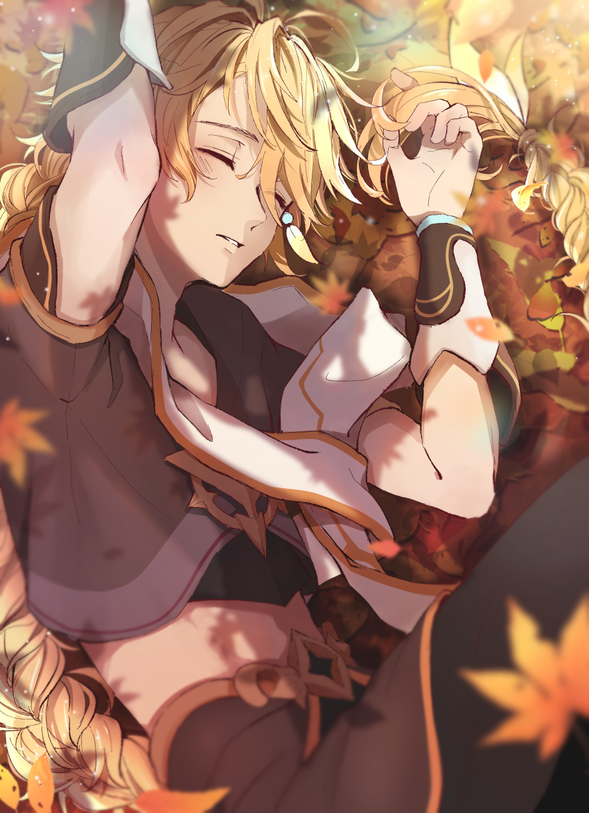 1boy absurdres aether_(genshin_impact) ahoge blonde_hair blush closed_eyes earrings genshin_impact hair_between_eyes highres jewelry leaf long_hair midriff nezu_(se_aroe) on_ground sleeping