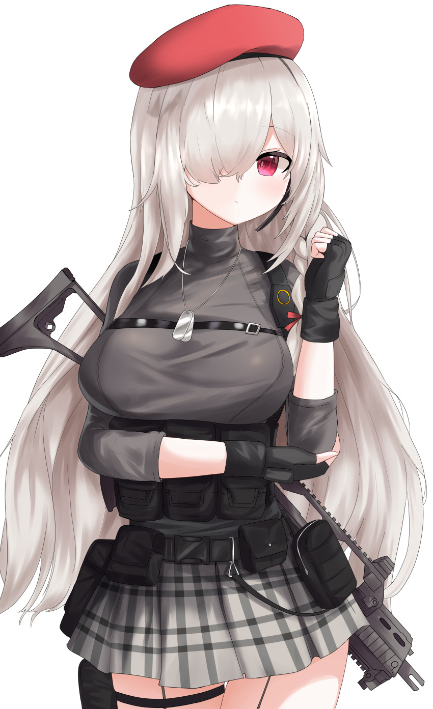 1girl absurdres assault_rifle beret black_gloves checkered checkered_skirt closed_mouth crossed_arms eyebrows_visible_through_hair fingerless_gloves g36c_(girls_frontline) girls_frontline gloves grey_shirt gun h&amp;k_g36 hair_between_eyes hair_over_eyes hand_up hat headphones highres holster long_hair looking_at_viewer min1910 rifle shirt silver_hair skirt solo standing turtleneck violet_eyes weapon weapon_on_back white_background