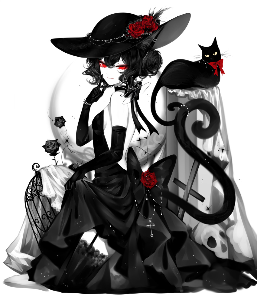 1girl backless_dress backless_outfit bare_shoulders black_cat bow breasts cat cat_tail dress elbow_gloves flower garter_straps gloves hand_up hat highres index_finger_raised limited_palette original red_bow red_eyes red_flower red_rose rose sheya short_hair small_breasts solo tail thigh-highs white_background