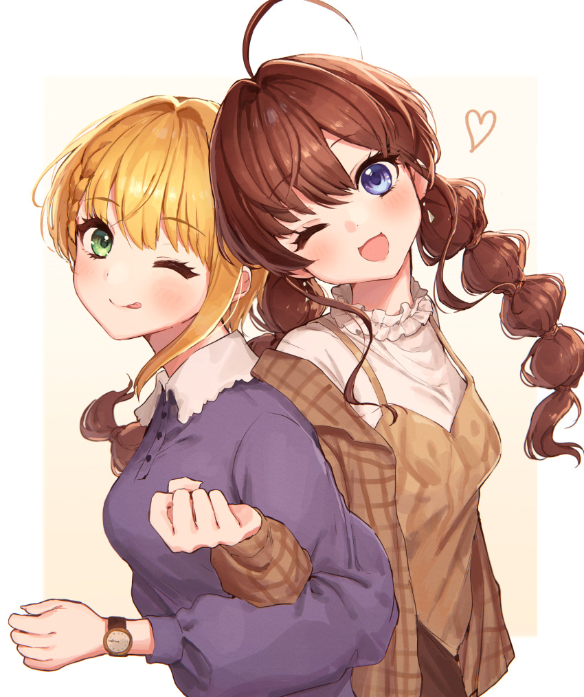 2girls ;d ;q absurdres ahoge bangs blonde_hair blue_eyes blush braid braided_bangs brown_hair brown_shirt earrings eyebrows_visible_through_hair green_eyes hair_between_eyes heart highres huge_filesize ichinose_shiki idolmaster idolmaster_cinderella_girls jewelry kudou_(sikisiki0000) long_hair long_sleeves looking_at_viewer miyamoto_frederica multiple_girls one_eye_closed open_mouth plaid plaid_shirt purple_shirt shirt short_hair simple_background smile tongue tongue_out twin_braids twintails watch watch