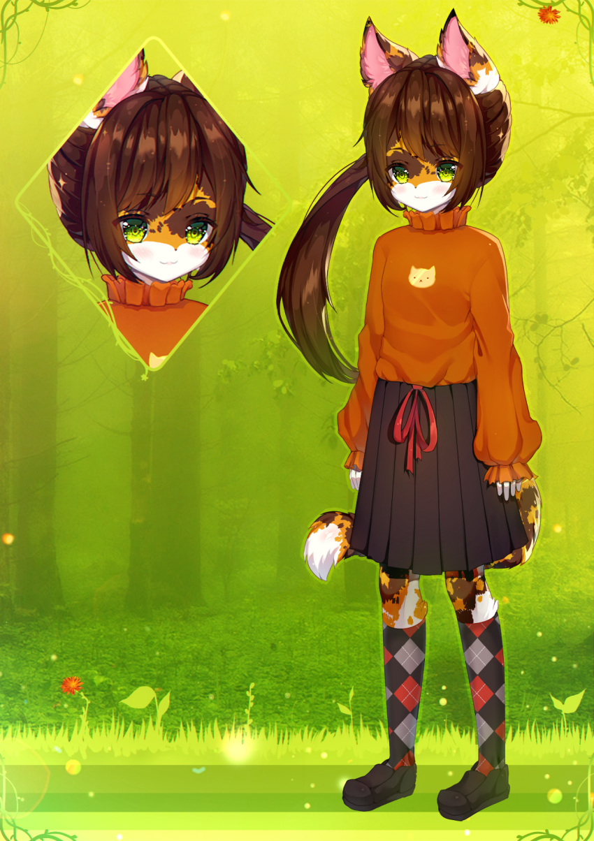 1girl :3 animal_ears animal_print argyle argyle_legwear bangs black_footwear black_skirt brown_hair bush cat_ears cat_girl cat_print cat_tail closed_mouth commentary day english_commentary eyebrows_visible_through_hair flower full_body furry grass green_background green_eyes green_outline happy highres kneehighs light_blush long_hair long_sleeves looking_at_viewer methynecros multicolored multicolored_clothes multicolored_legwear multiple_views orange_shirt original outdoors outline pleated_skirt red_flower shiny shiny_hair shirt shirt_tucked_in shoes side_ponytail skirt smile standing tail tied_hair tree