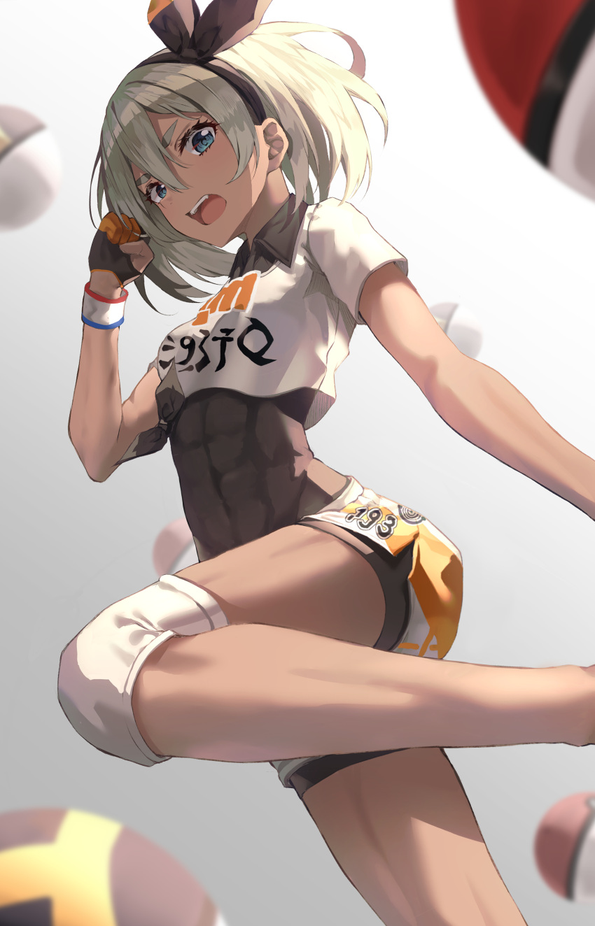 1girl abs absurdres bea_(pokemon) black_gloves black_hairband black_ribbon black_shirt blue_eyes clothing_cutout collared_shirt covered_navel crop_top dark_skin dynamax_band feet_out_of_frame from_below gloves gradient gradient_background grey_background hair_ribbon hairband highres kerno knee_pads leg_up looking_at_viewer looking_down number open_mouth partially_fingerless_gloves poke_ball poke_ball_(basic) pokemon pokemon_(game) pokemon_swsh ribbon shirt short_hair short_shorts short_sleeves shorts silver_hair solo standing standing_on_one_leg taut_clothes taut_shirt ultra_ball upper_teeth v-shaped_eyebrows
