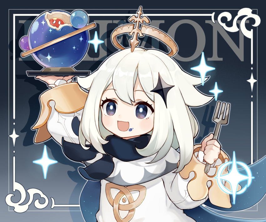 1girl absurdres artist_request background_text bangs character_name dress eyebrows_visible_through_hair food food_on_face fork genshin_impact hair_ornament halo highres holding holding_fork holding_plate long_sleeves medium_hair official_art paimon_(genshin_impact) plate scarf simple_background solo sparkle upper_body white_dress white_hair