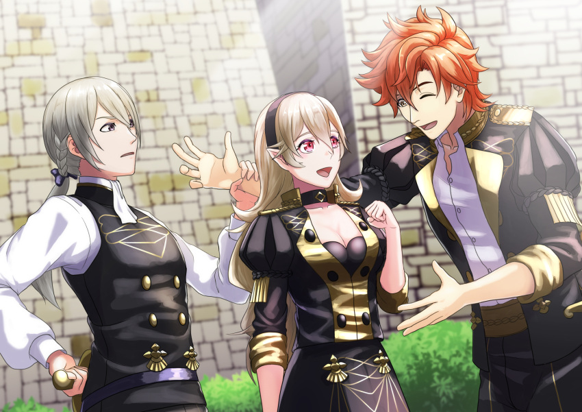 1girl 2boys :d alternate_costume blocking commentary_request corrin_(fire_emblem) corrin_(fire_emblem)_(female) fire_emblem fire_emblem:_three_houses fire_emblem_fates garreg_mach_monastery_uniform hand_on_weapon highres jakob_(fire_emblem) multiple_boys one_eye_closed open_mouth outstretched_arm sheath sheathed smile sukkirito_(rangusan) sylvain_jose_gautier wrist_grab