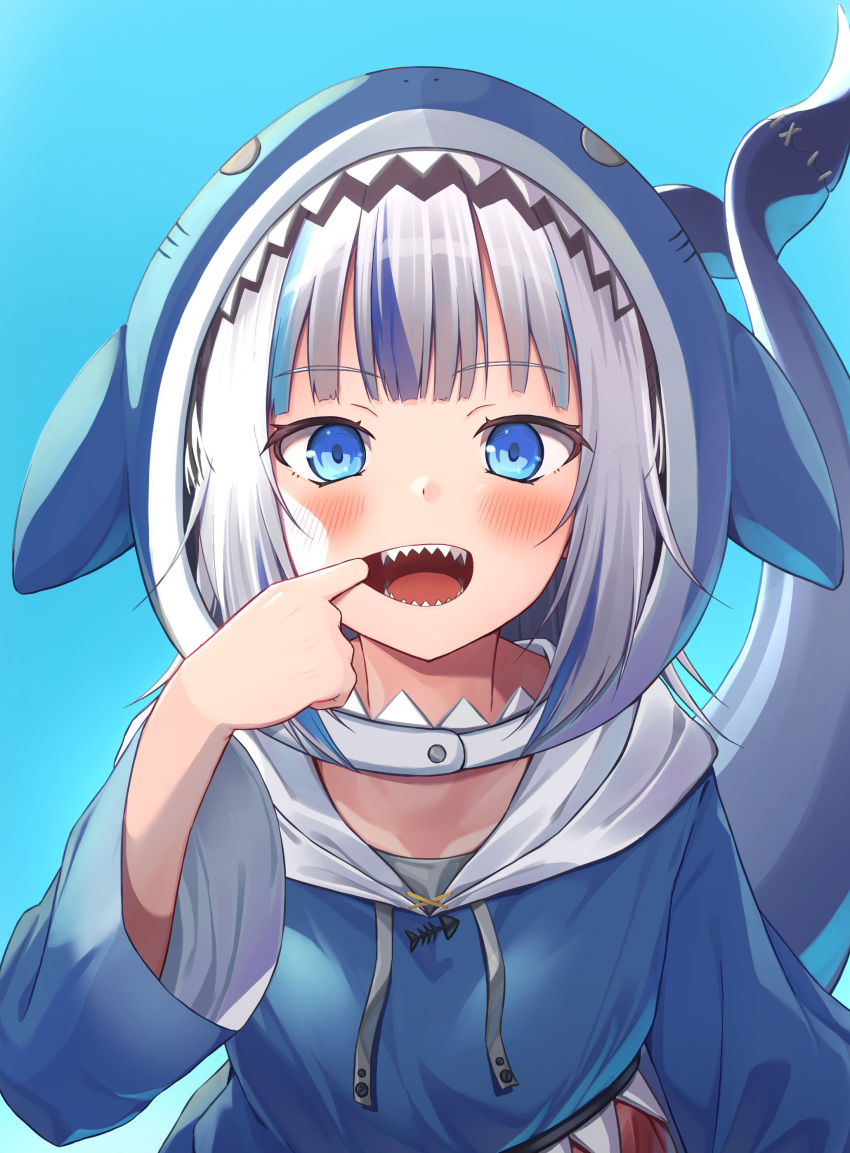 1girl absurdres animal_costume animal_hood bangs blue_background blue_eyes blue_hair blue_hoodie blunt_bangs blush collarbone drawstring eyebrows_visible_through_hair eyes_visible_through_hair finger_in_mouth fish_tail gawr_gura highres hololive hololive_english hood hood_up hoodie kuro_kinkan looking_at_viewer medium_hair mouth_pull multicolored_hair open_mouth shark_costume shark_girl shark_hood shark_tail sharp_teeth silver_hair simple_background smile solo streaked_hair tail teeth virtual_youtuber wide_sleeves