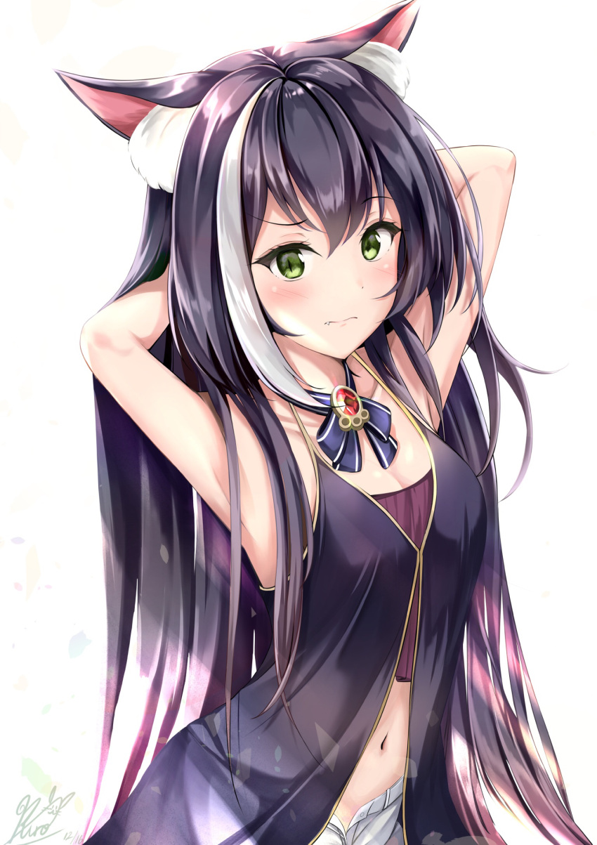 1girl animal_ear_fluff animal_ears arm_behind_head armpits arms_up blush cat_ears cat_girl closed_mouth commentary_request crop_top dress emimeku fang green_eyes highres karyl_(princess_connect!) long_hair looking_at_viewer midriff multicolored_hair navel neckwear princess_connect! princess_connect!_re:dive purple_dress purple_hair purple_shirt shirt short_shorts shorts signature sleeveless solo standing streaked_hair unbuttoned_shorts white_background white_hair white_shorts