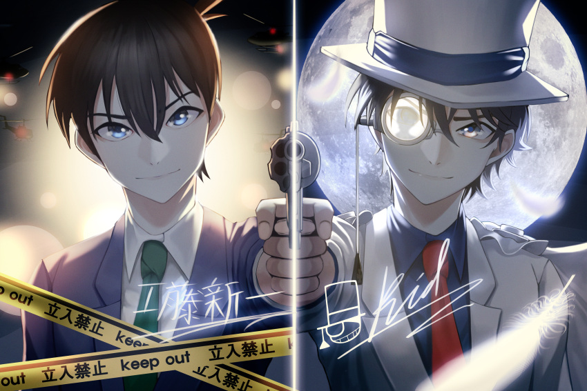 1boy absurdres black_hair blue_eyes blue_shirt blurry blurry_background brown_hair cape caution_tape closed_mouth commentary_request face feathers full_moon gun hair_between_eyes handgun hat highres holding holding_weapon huge_filesize jacket junkt729 kaitou_kid keep_out kudou_shin'ichi looking_at_viewer magic_kaito male_focus meitantei_conan monocle moon necktie red_neckwear revolver shirt short_hair smile solo top_hat translation_request upper_body weapon white_cape white_headwear white_jacket white_shirt