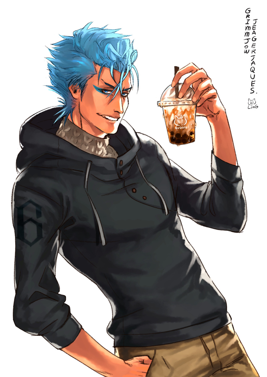 1boy absurdres artist_name black_hoodie bleach blue_eyes blue_hair brown_pants bubble_tea character_name contemporary cup disposable_cup drinking_straw eyeshadow grimmjow_jaegerjaquez hair_between_eyes hand_in_pocket highres holding holding_cup hood hood_down hoodie makeup male_focus p-pigling pants smirk solo spiky_hair white_background