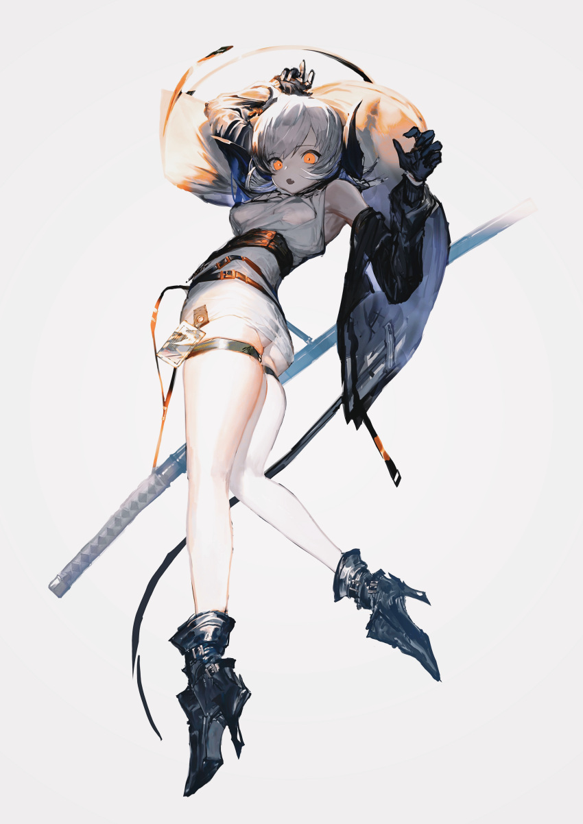 1girl absurdres arms_up ass asymmetrical_legwear bangs black_footwear black_gloves breasts detached_sleeves fang gloves high_heels highres looking_at_viewer medium_breasts nonokuro open_mouth orange_eyes original simple_background single_thighhigh skindentation solo sword thigh-highs weapon white_background white_legwear