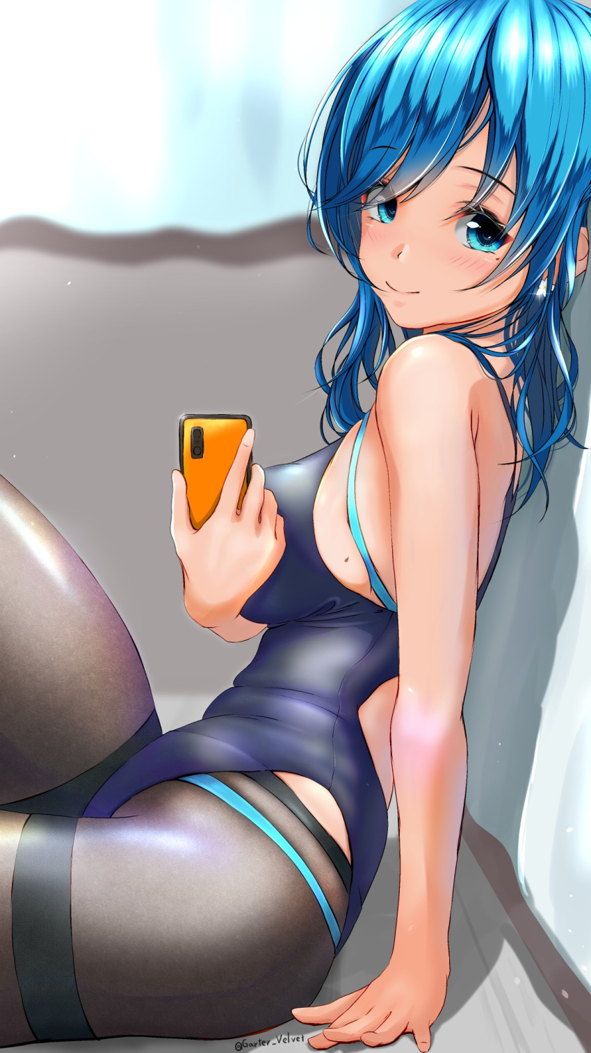 1girl black_legwear black_swimsuit blue_eyes blue_hair breasts cellphone commentary_request competition_swimsuit cowboy_shot garter-velvet highres looking_at_viewer one-piece_swimsuit original pantyhose pantyhose_under_swimsuit phone self_shot sideboob sitting solo swimsuit