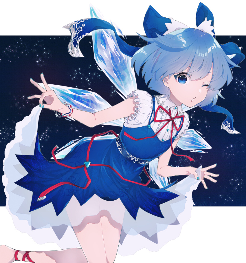 1girl ;o absurdres adapted_costume barefoot belt blue_background blue_bow blue_dress blue_eyes blue_hair bow bracelet center_frills cirno commentary_request dress eyebrows_visible_through_hair feet_out_of_frame flat_chest frills gradient gradient_background hair_between_eyes hair_bow highres huge_filesize ice ice_wings jewelry leaning_forward letterboxed looking_at_viewer nail_polish neck_ribbon ok_sign one_eye_closed outside_border puffy_short_sleeves puffy_sleeves red_neckwear red_ribbon ribbon see-through_skirt short_hair short_sleeves skirt sky solo star_(sky) starry_sky takeyukiwa_tikuwa touhou v-shaped_eyebrows wings