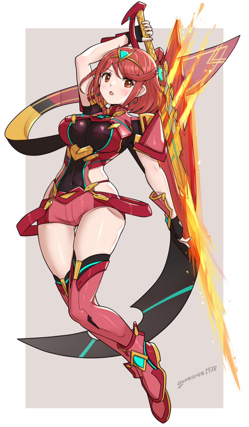 1girl absurdres breasts fire gonzarez highres large_breasts pyra_(xenoblade) red_eyes redhead short_hair simple_background solo sword thigh-highs weapon xenoblade_chronicles_(series) xenoblade_chronicles_2