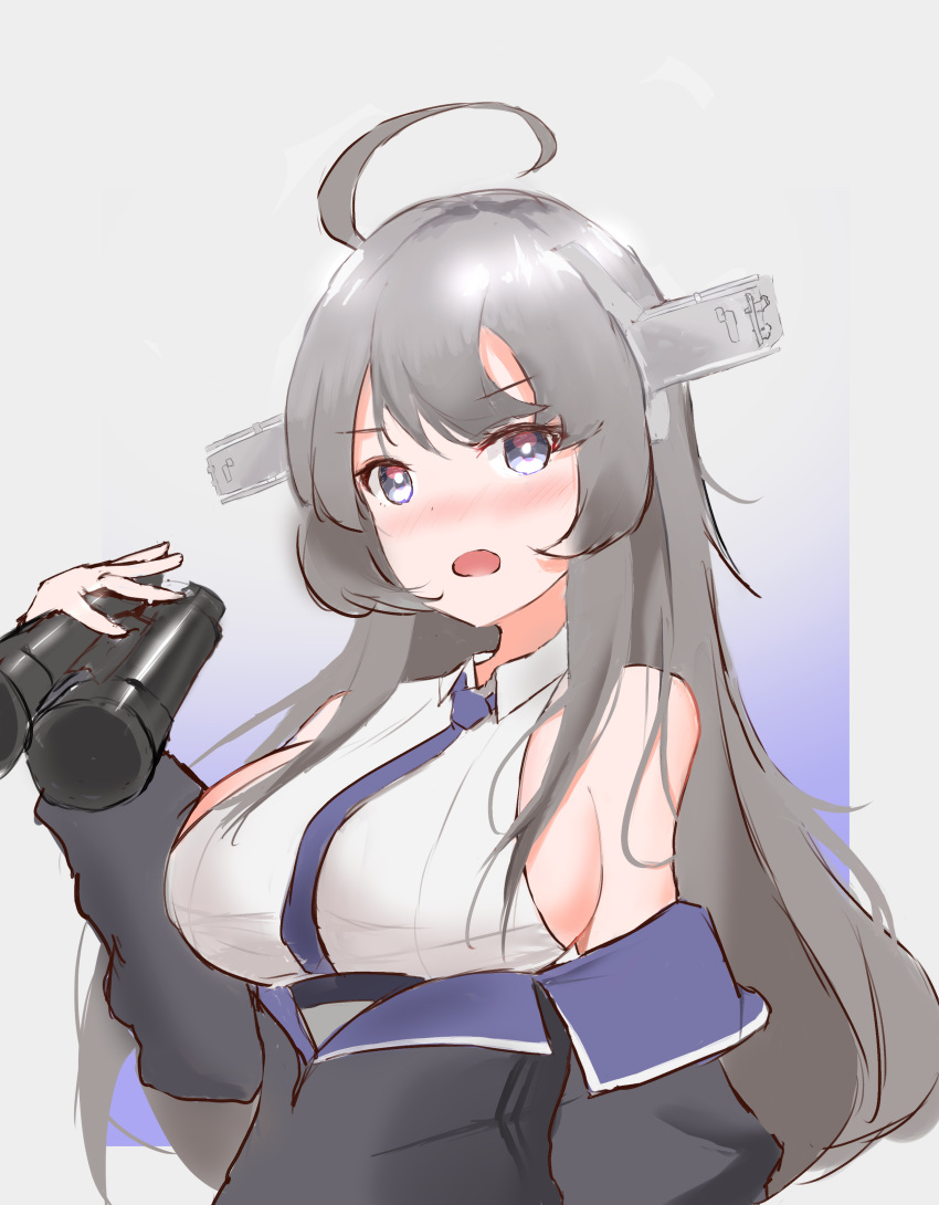 1girl absurdres ahoge binoculars blue_neckwear blush breasts grey_eyes headgear highres kantai_collection kou_(kou96179615) large_breasts long_hair looking_at_viewer necktie off_shoulder shirt silver_hair sleeveless sleeveless_shirt solo upper_body washington_(kantai_collection) white_shirt