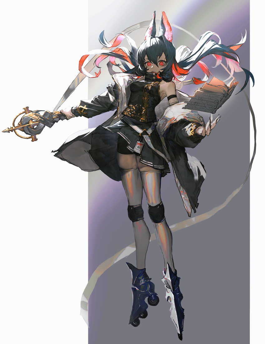 1girl absurdres animal_ears black_hair black_skirt book floating floating_hair floating_object full_body hair_between_eyes highres holding holding_staff huge_filesize jacket long_hair long_sleeves looking_at_viewer multicolored_hair nonokuro open_book open_clothes open_jacket original pleated_skirt red_eyes redhead roller_skates sharp_teeth shirt skates skirt sleeveless sleeveless_shirt solo staff teeth thigh-highs two-tone_hair