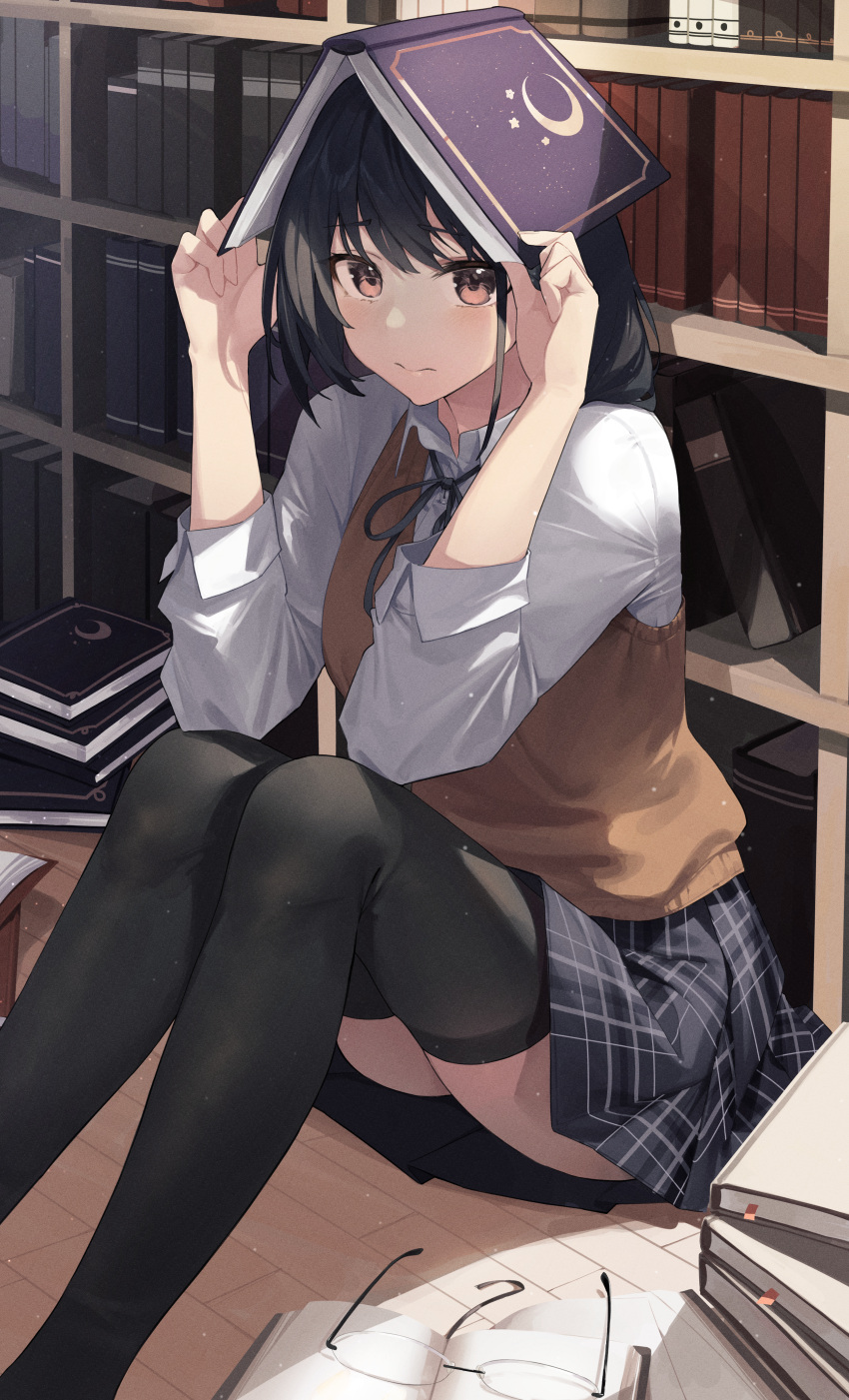 1girl 3: absurdres black_gloves black_hair black_neckwear black_ribbon black_skirt book book_stack bookshelf brown_eyes closed_mouth collared_shirt commentary_request covering_head crescent eyewear_removed frown gloves highres holding holding_book huge_filesize indoors knees_up long_sleeves looking_at_viewer miniskirt neck_ribbon on_floor open_book original plaid plaid_skirt pleated_skirt ribbon rimless_eyewear shirt short_hair sitting skirt solo star741 sweater_vest thigh-highs white_shirt wooden_floor