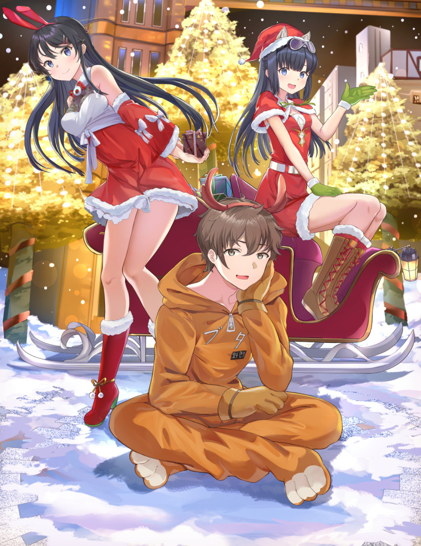 1boy 2girls :d animal_costume animal_ears antlers azusagawa_sakuta bangs bare_shoulders black_hair blue_eyes blush boots box brown_eyes brown_footwear brown_gloves brown_hair brown_hairband building capelet christmas_lights closed_mouth commentary cross-laced_footwear detached_sleeves dress eyebrows_visible_through_hair eyewear_on_head fake_animal_ears fake_antlers fur-trimmed_boots fur-trimmed_capelet fur-trimmed_dress fur-trimmed_gloves fur-trimmed_legwear fur-trimmed_sleeves fur_trim gift gift_box gloves green_gloves hair_ornament hairband hairclip hat highres holding holding_gift lace-up_boots lantern long_hair long_sleeves looking_at_viewer makinohara_shouko mosta_(lo1777789) multiple_girls night open_mouth outdoors red_capelet red_dress red_headwear red_legwear red_sleeves reindeer_antlers reindeer_costume sakurajima_mai santa_costume santa_hat seishun_buta_yarou sitting sleigh smile standing symbol_commentary tree very_long_hair wide_sleeves