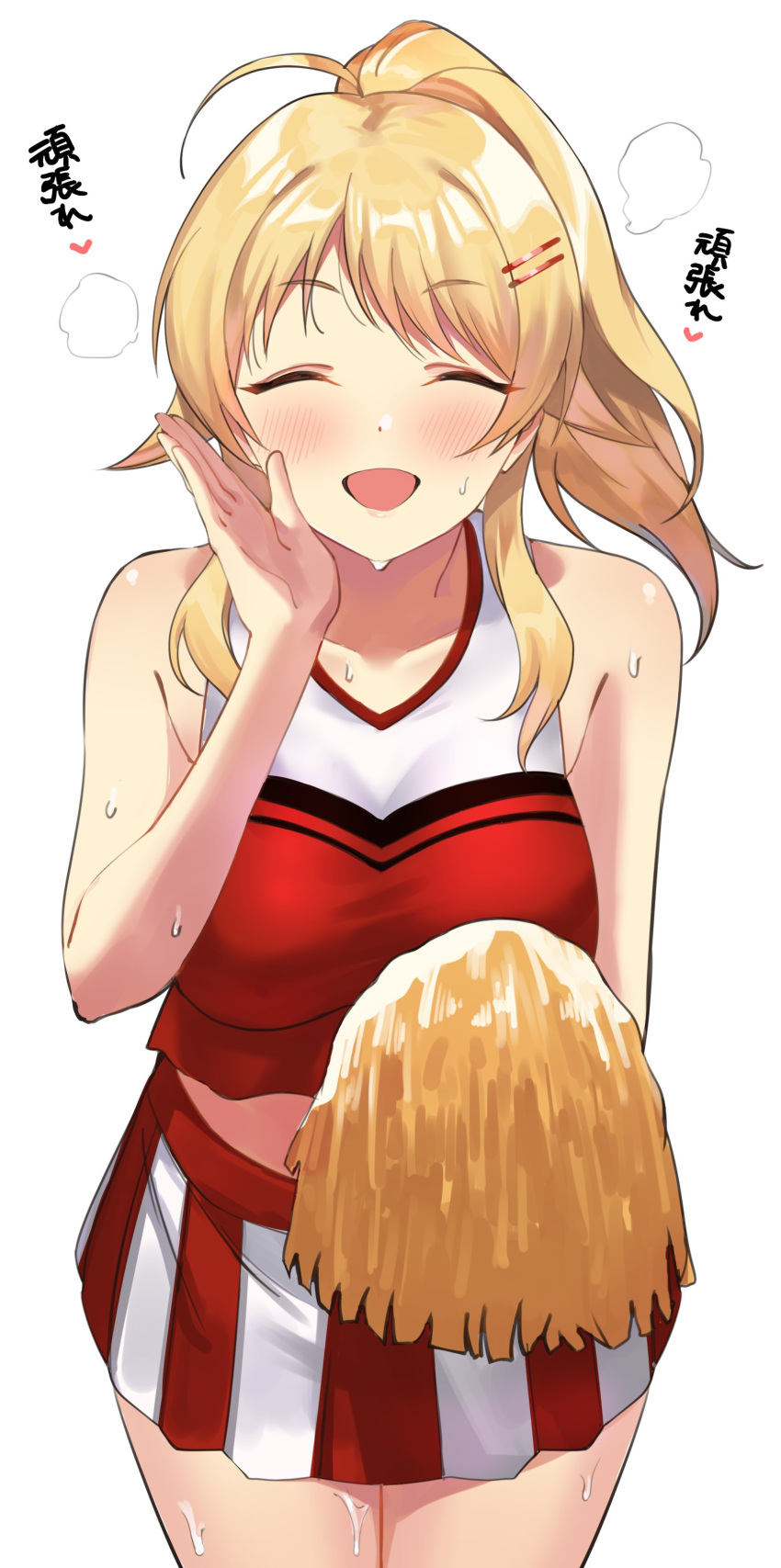 1girl absurdres ahoge alternate_costume alternate_hairstyle blonde_hair cheerleader closed_eyes eyebrows_visible_through_hair hachimiya_meguru hair_ornament hairclip highres holding holding_pom_poms idolmaster idolmaster_shiny_colors offton_cover open_mouth pleated_skirt pom_poms ponytail red_shirt shirt simple_background skirt sleeveless sleeveless_shirt smile solo sweat translation_request two-tone_shirt two-tone_skirt white_background