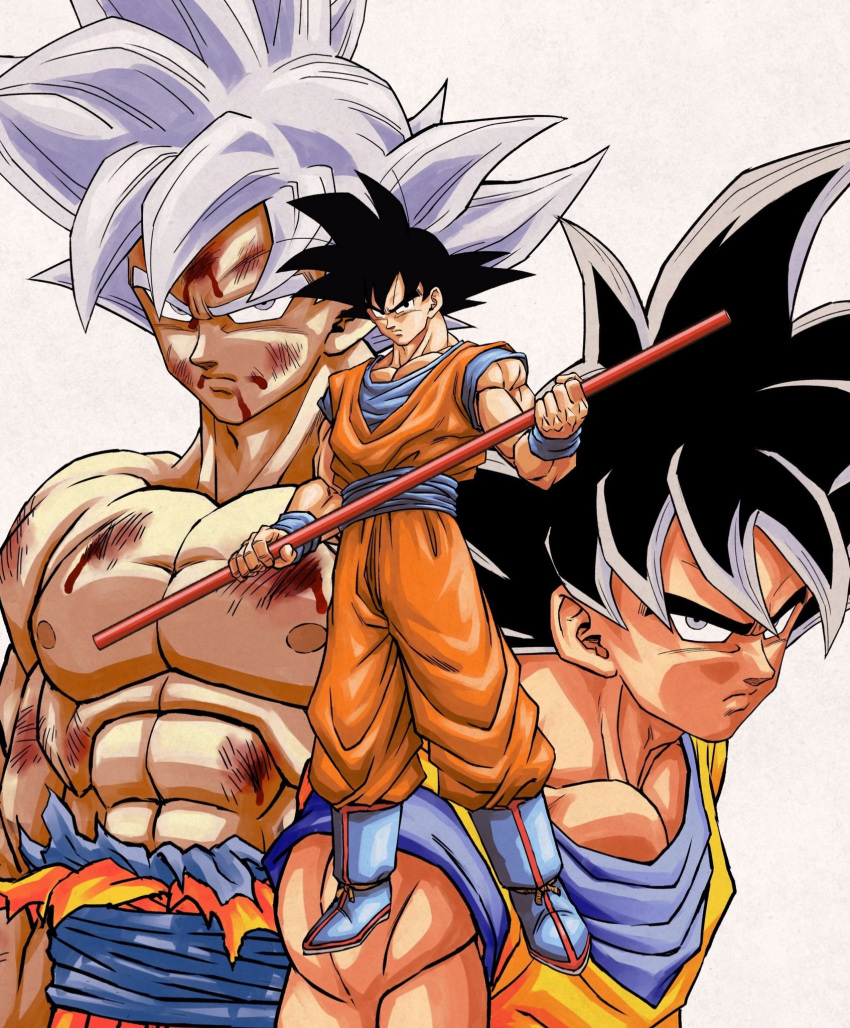 3boys abs arms_at_sides black_eyes black_hair blood blood_drip blood_from_mouth blood_on_face blue_footwear boots closed_mouth derivative_work dougi dragon_ball dragon_ball_super dragon_ball_z frown full_body grey_eyes grey_hair highres holding holding_weapon leaning leaning_forward looking_at_viewer looking_to_the_side multiple_boys multiple_persona muscle nagare_seiya nipples nyoibo official_style pectorals scratches serious shaded_face shiny shiny_hair shirt shirtless simple_background son_goku spiky_hair toriyama_akira_(style) torn_clothes torn_shirt ultra_instinct upper_body weapon white_background wristband