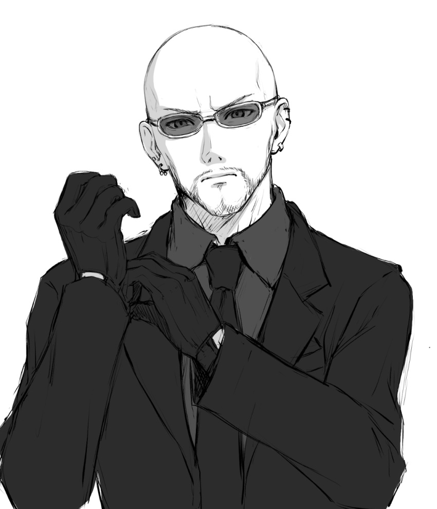 1boy adjusting_clothes adjusting_gloves bald closed_mouth commentary_request earrings final_fantasy final_fantasy_vii final_fantasy_vii_remake formal gloves greyscale highres jacket jewelry long_sleeves looking_at_viewer male_focus mondi_hl monochrome necktie rude_(ff7) shirt solo suit sunglasses upper_body wing_collar