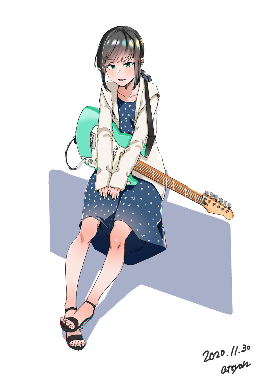 1girl absurdres artist_name attyon black_hair blue_dress commentary_request dated dress electric_guitar fubuki_(kantai_collection) full_body green_eyes guitar highres hood hooded_jacket hoodie instrument jacket kantai_collection long_hair looking_at_viewer low_ponytail official_alternate_costume open_toe_shoes polka_dot polka_dot_dress ponytail short_ponytail sidelocks sitting solo white_jacket