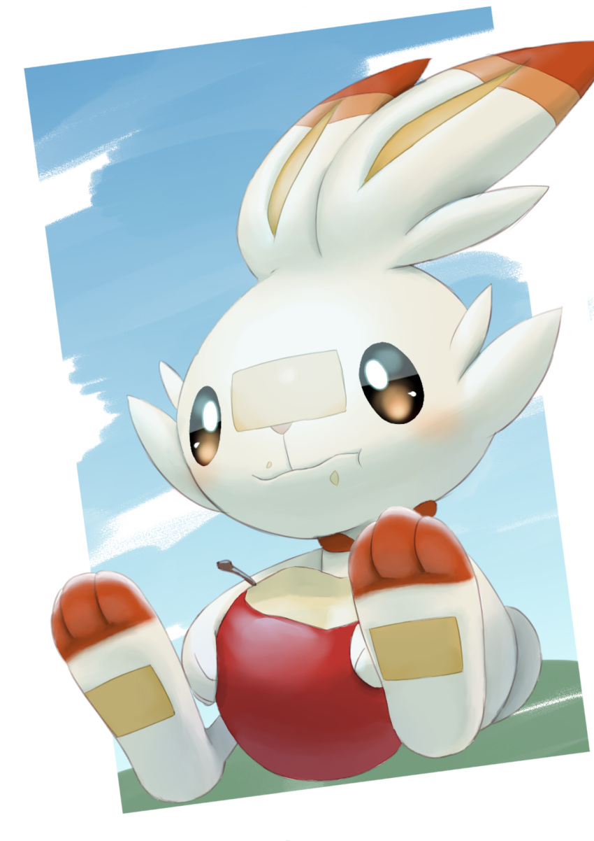 :t apple bandaid bandaid_on_nose bitten_apple blush brown_eyes closed_mouth commentary_request eating food food_on_face fruit gen_8_pokemon highres holding holding_food holding_fruit no_humans paws pokemon pokemon_(creature) purobe scorbunny sitting solo toes