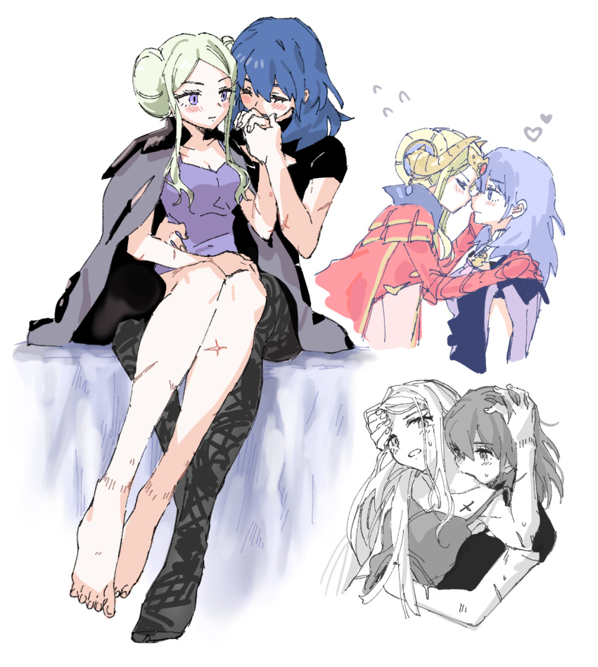 2girls ankea_(a-ramo-do) blue_hair blush byleth_(fire_emblem) byleth_eisner_(female) closed_eyes edelgard_von_hresvelg facing_another fire_emblem fire_emblem:_three_houses flying_sweatdrops hand_kiss hand_on_another's_head heart highres imminent_kiss kiss long_hair looking_at_another multiple_girls multiple_views partially_colored scar short_sleeves sitting sitting_on_person sweat violet_eyes white_hair yuri