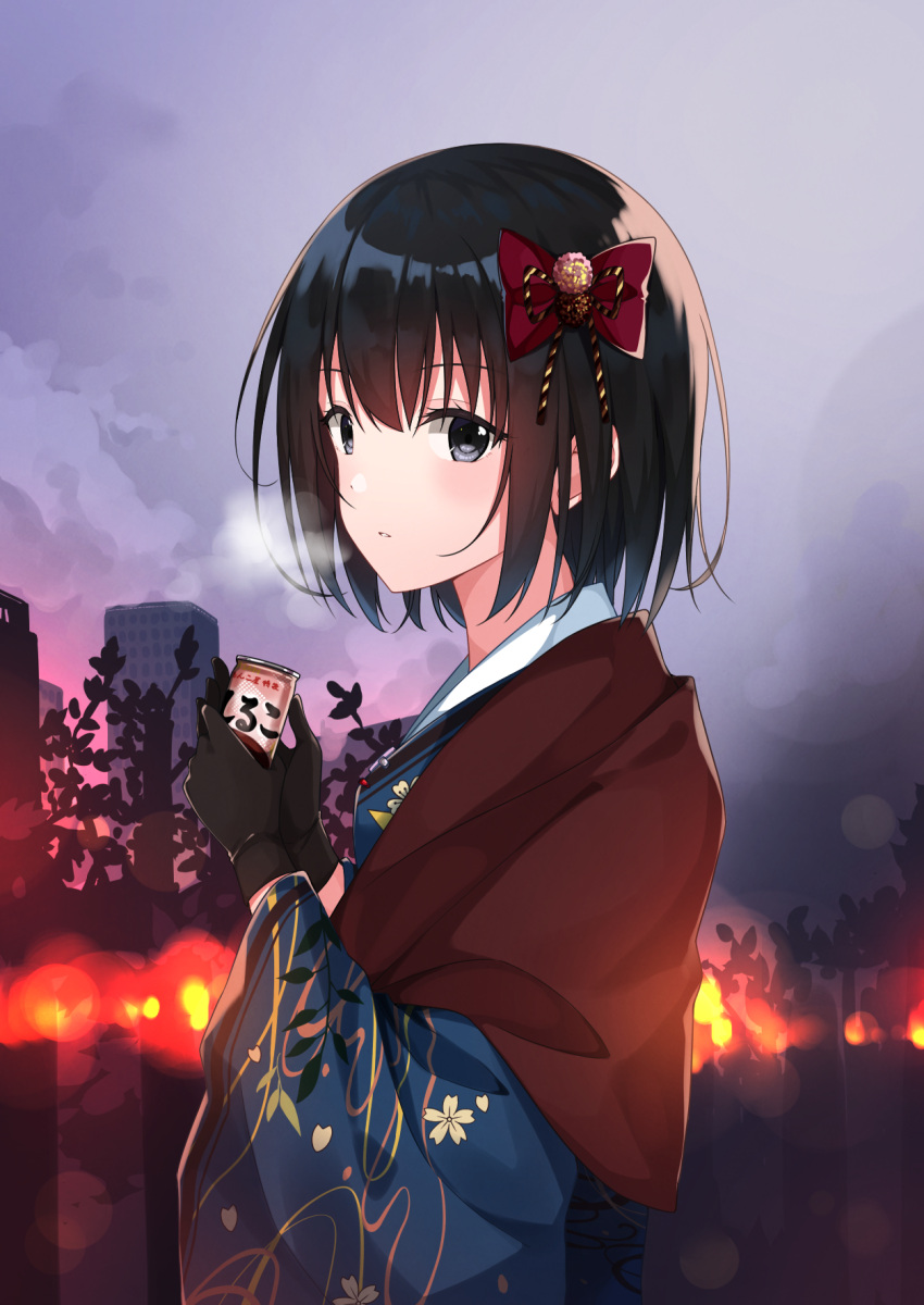 1girl bangs black_gloves black_hair blue_kimono bow breath can commentary_request eyebrows_visible_through_hair floral_print gloves grey_eyes hair_between_eyes hair_bow hands_up highres holding holding_can japanese_clothes kimono long_sleeves looking_at_viewer looking_to_the_side original outdoors print_kimono red_bow solo sunset taiyaki_(astre) wide_sleeves