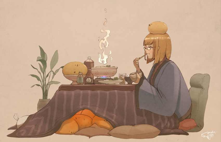 1girl animal animal_on_head bangs bottle bowl brown_hair chopsticks closed_eyes cup cushion gaimoon glasses highres kotatsu on_head original plant plate potted_plant short_hair signature sitting solo steam swept_bangs table tan_background