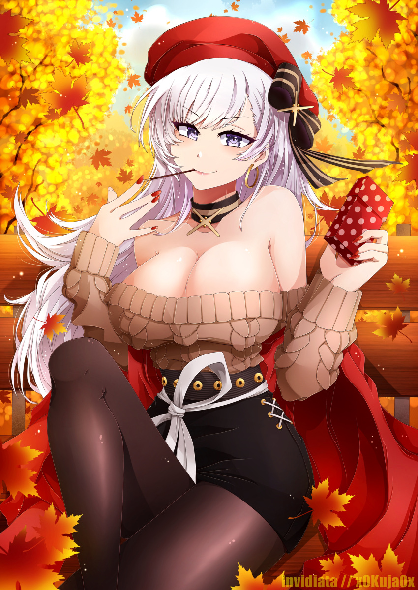 1girl absurdres aran_sweater autumn_leaves azur_lane bangs bare_shoulders belfast_(azur_lane) belfast_(shopping_with_the_head_maid)_(azur_lane) beret black_bow black_choker black_skirt blue_sky bow brown_legwear brown_sweater choker commentary earrings eyebrows_visible_through_hair food food_in_mouth grey_eyes hair_bow hands_up hat highres holding hoop_earrings invidiata jewelry knee_up long_hair long_sleeves looking_at_viewer mouth_hold nail_polish off-shoulder_sweater off_shoulder official_alternate_costume outdoors pantyhose pencil_skirt pocky red_headwear red_nails silver_hair skirt sky smile solo sweater thighs
